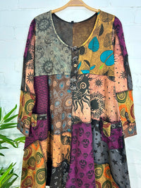 Dark Multi Patch Long Sleeve Dress