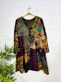 Dark Multi Patch Long Sleeve Dress
