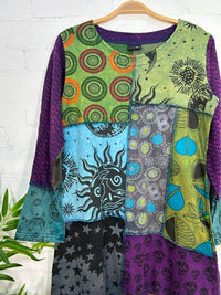 Dark Multi Patch Long Sleeve Dress