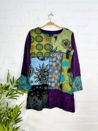 Dark Multi Patch Long Sleeve Dress