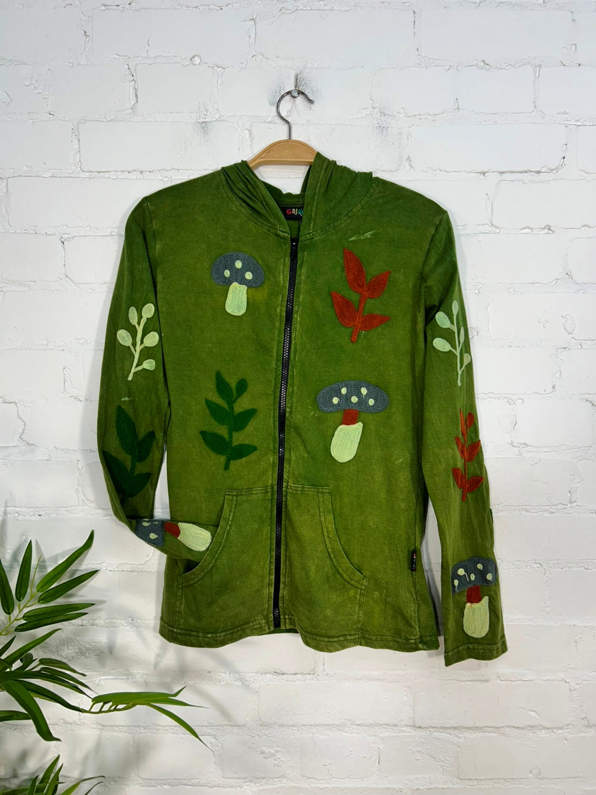 Embroidered Long Sleeve Zip Hood Top