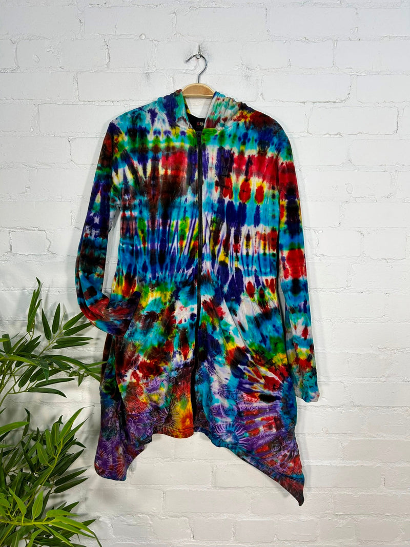Multi Tie Dye Velvet Long Hooded Coat
