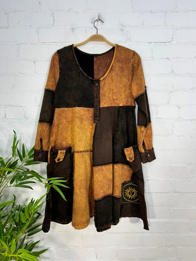 Patchwork Cotton Fleece Long Sleeve Dress