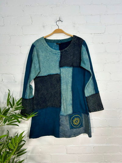 Patchwork Cotton Fleece Long Sleeve Short Dress