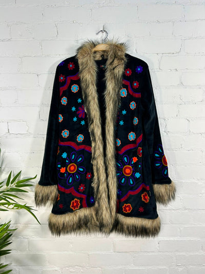 Long Velvet Faux Fur Embroidered Coat