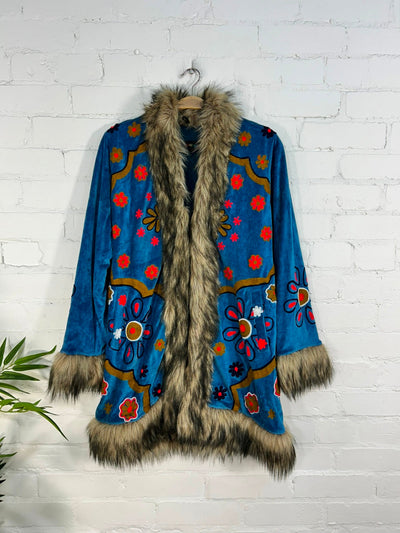 Long Velvet Faux Fur Embroidered Coat