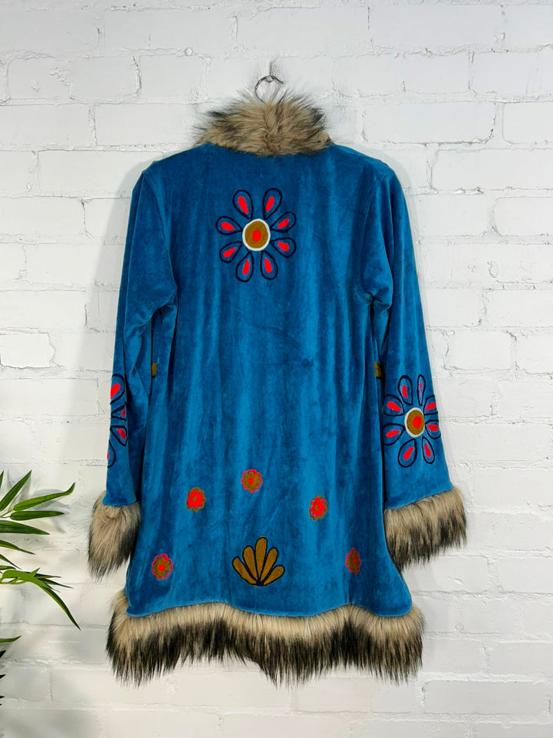 Long Velvet Faux Fur Embroidered Coat