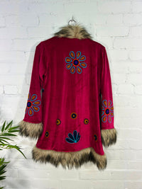 Long Velvet Faux Fur Embroidered Coat