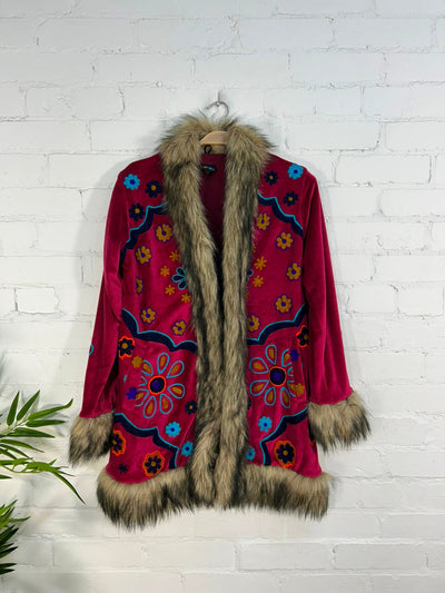 Long Velvet Faux Fur Embroidered Coat