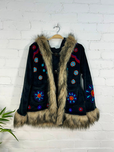 Short Hooded Velvet Faux Fur Embroidered Coat