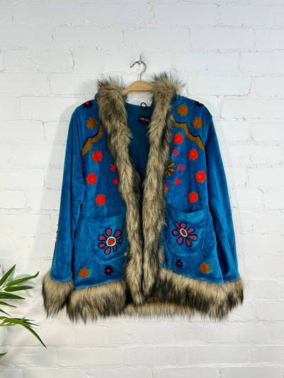 Short Hooded Velvet Faux Fur Embroidered Coat