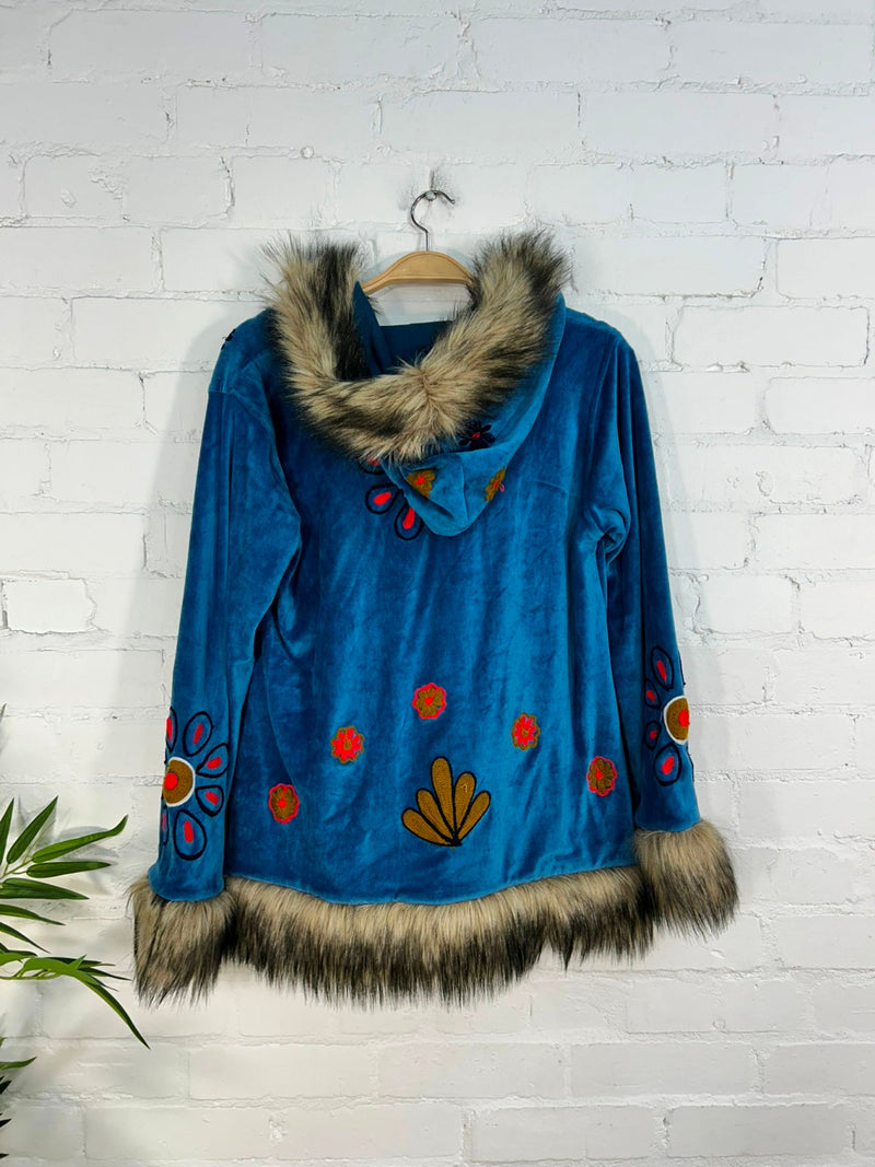 Short Hooded Velvet Faux Fur Embroidered Coat