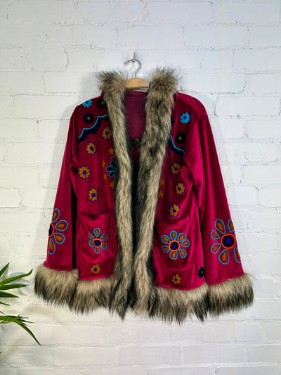 Short Hooded Velvet Faux Fur Embroidered Coat