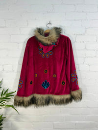 Short Hooded Velvet Faux Fur Embroidered Coat