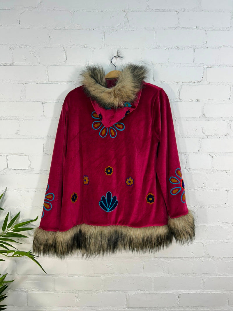 Short Hooded Velvet Faux Fur Embroidered Coat