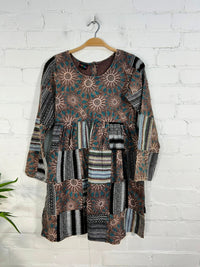 Print and Gheri Patch Long Sleeve Short Dress