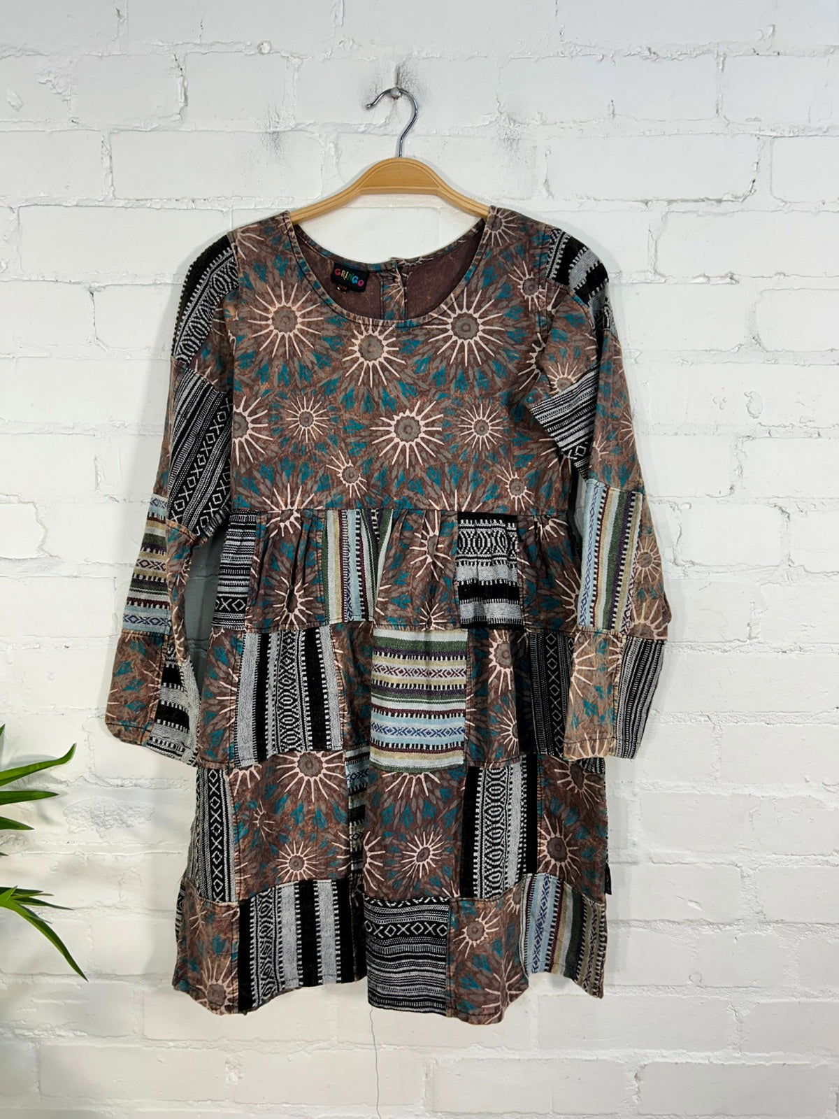 Print and Gheri Patch Long Sleeve Short Dress