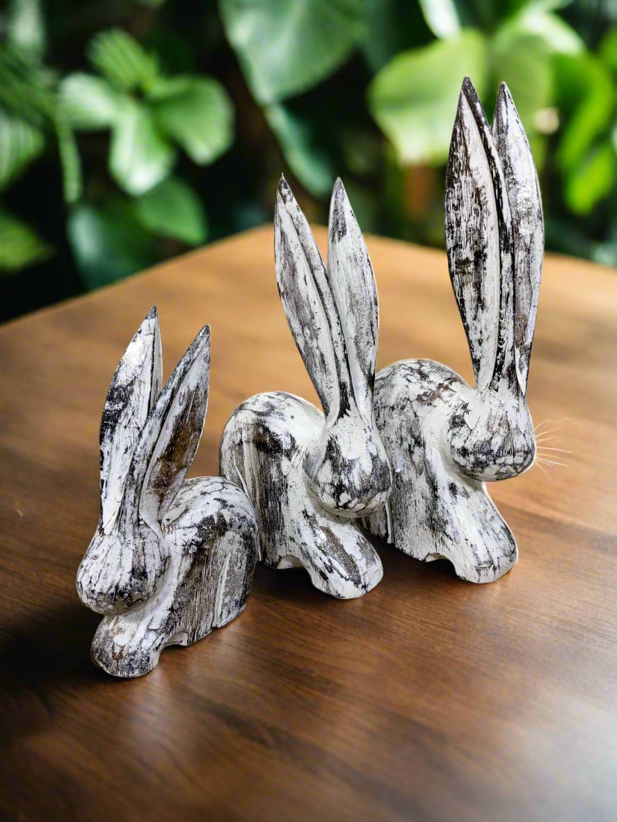 Set Of Three White Distressed Rabbits