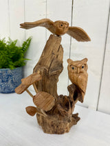 Two Owls & Mushrooms on Natural Wood