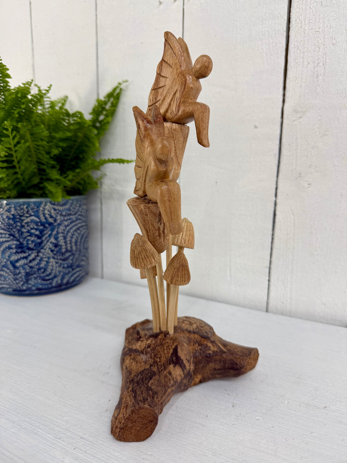 Two Wooden Fairies on Toadstools