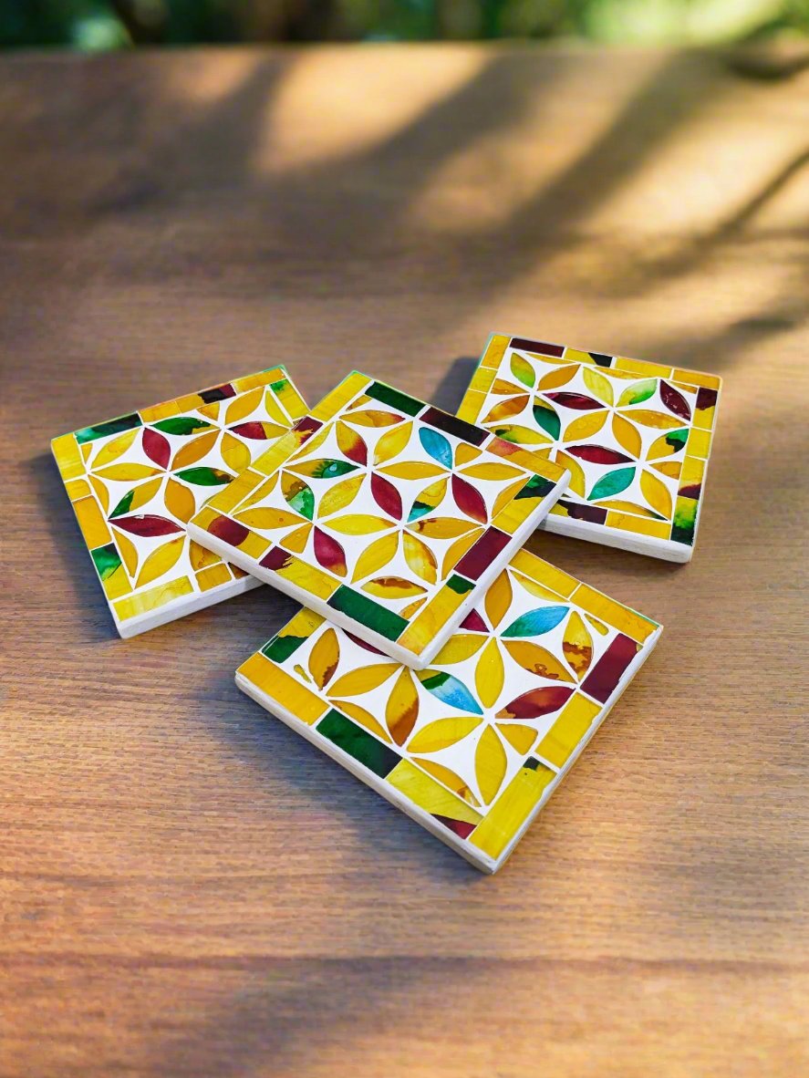 Set of 4 Multi Square Mosaic Flower Coasters