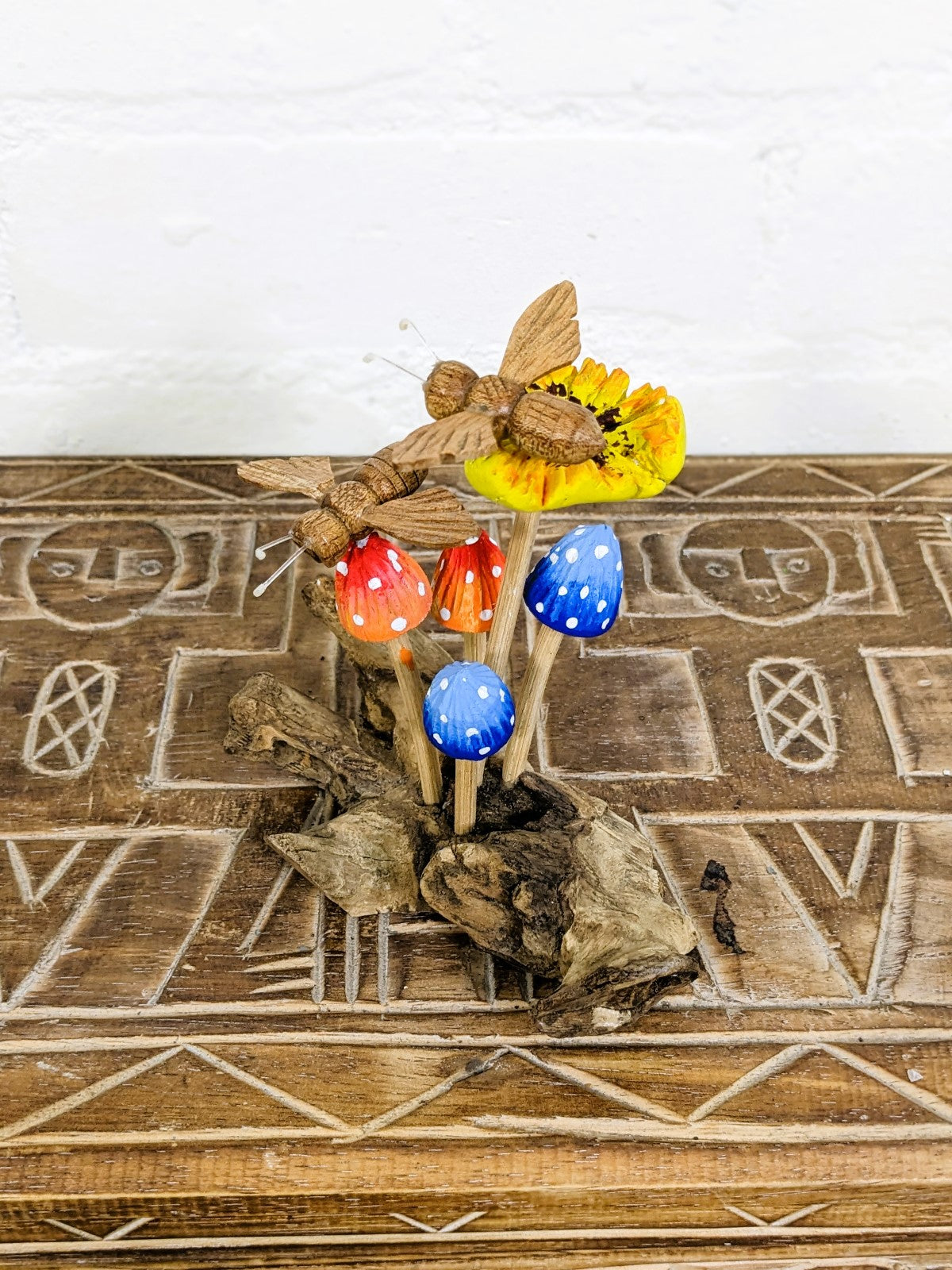 Painted Mushrooms, Flower And Bees