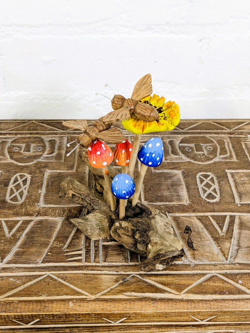 Painted Mushrooms, Flower And Bees