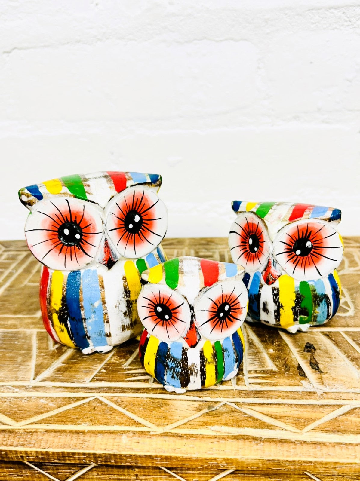 Set of 3 Bright Striped Owls