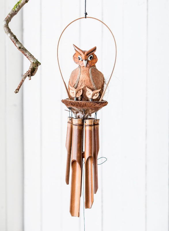 Owl With Babies Coconut Windchime