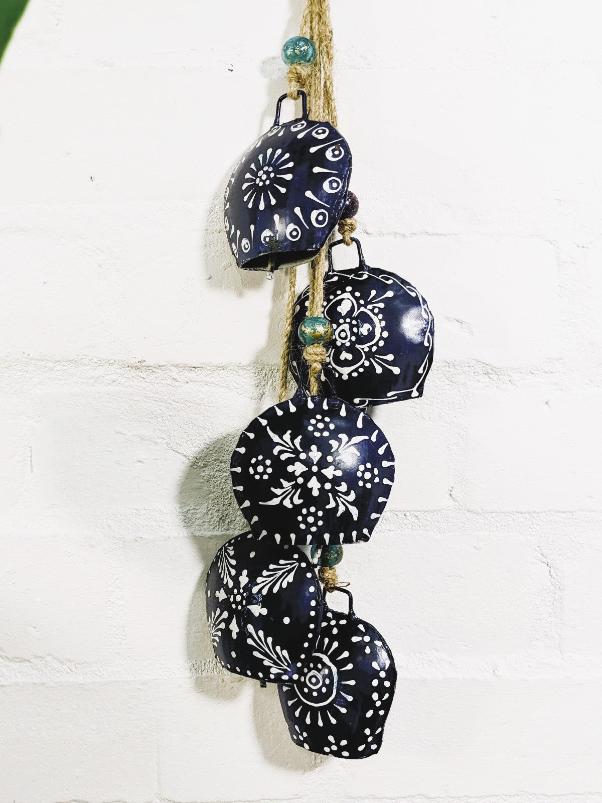 Hanging Blue painted Bells on String