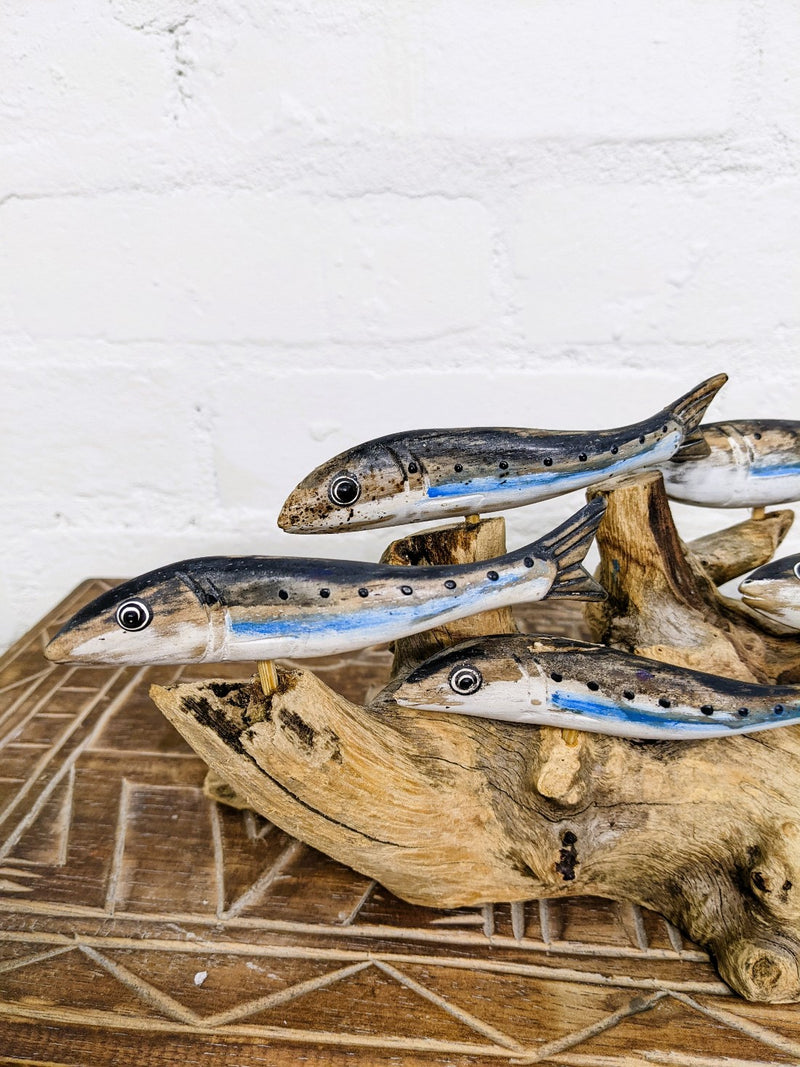 Five Silver Fish On Driftwood