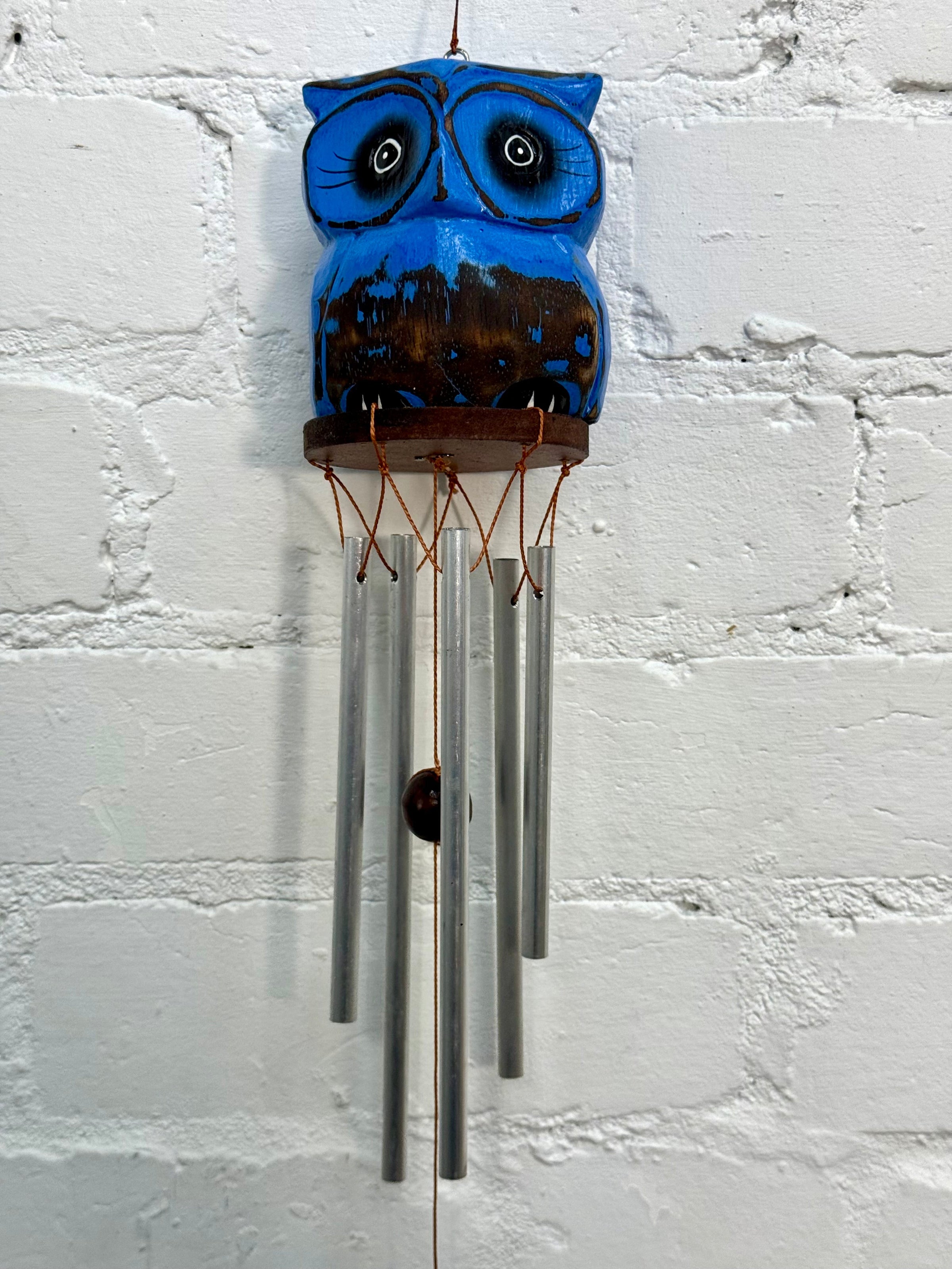 Blue Wooden Owl Windchime