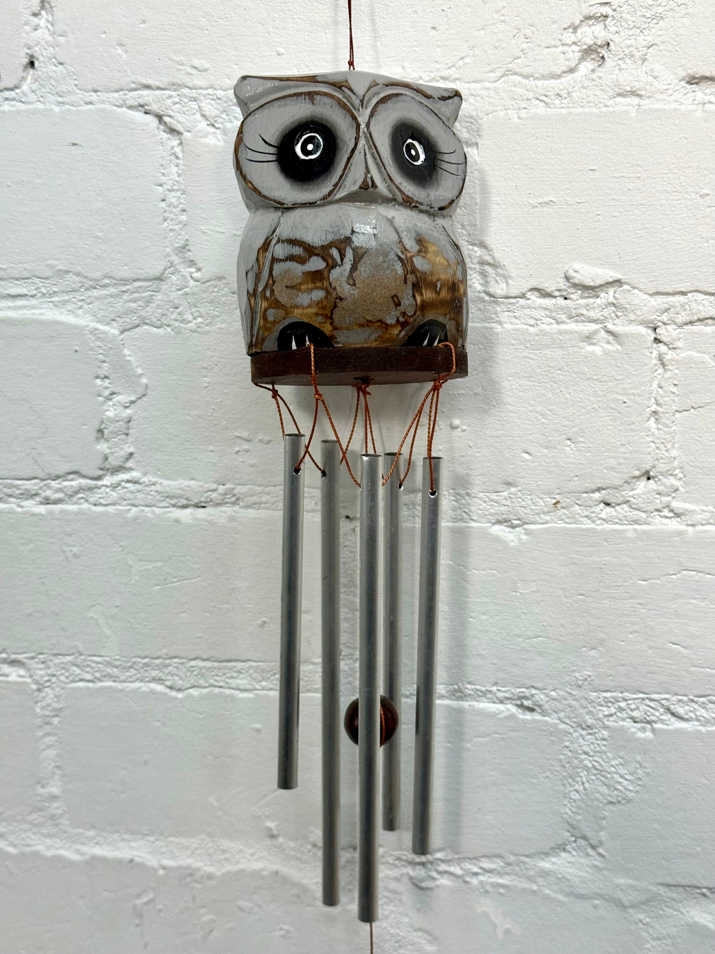Grey Wooden Owl Windchime