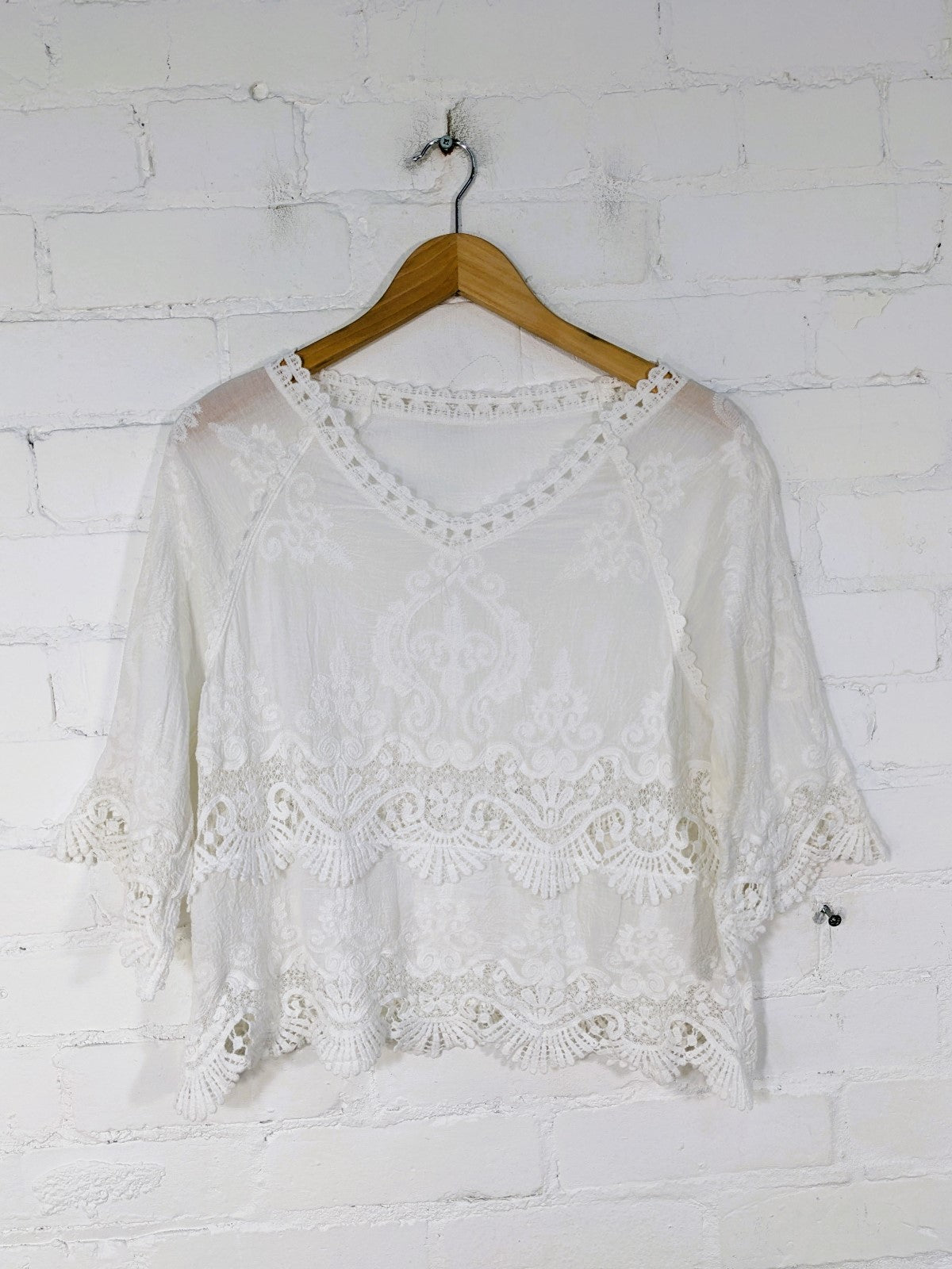 White Crochet 3/4 Sleeve Top