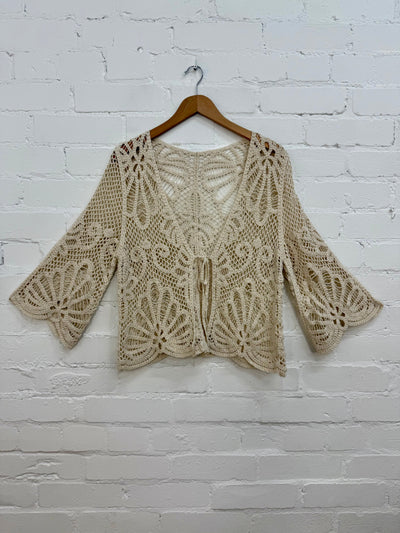 3/4 Sleeve Crochet Tie Cardigan