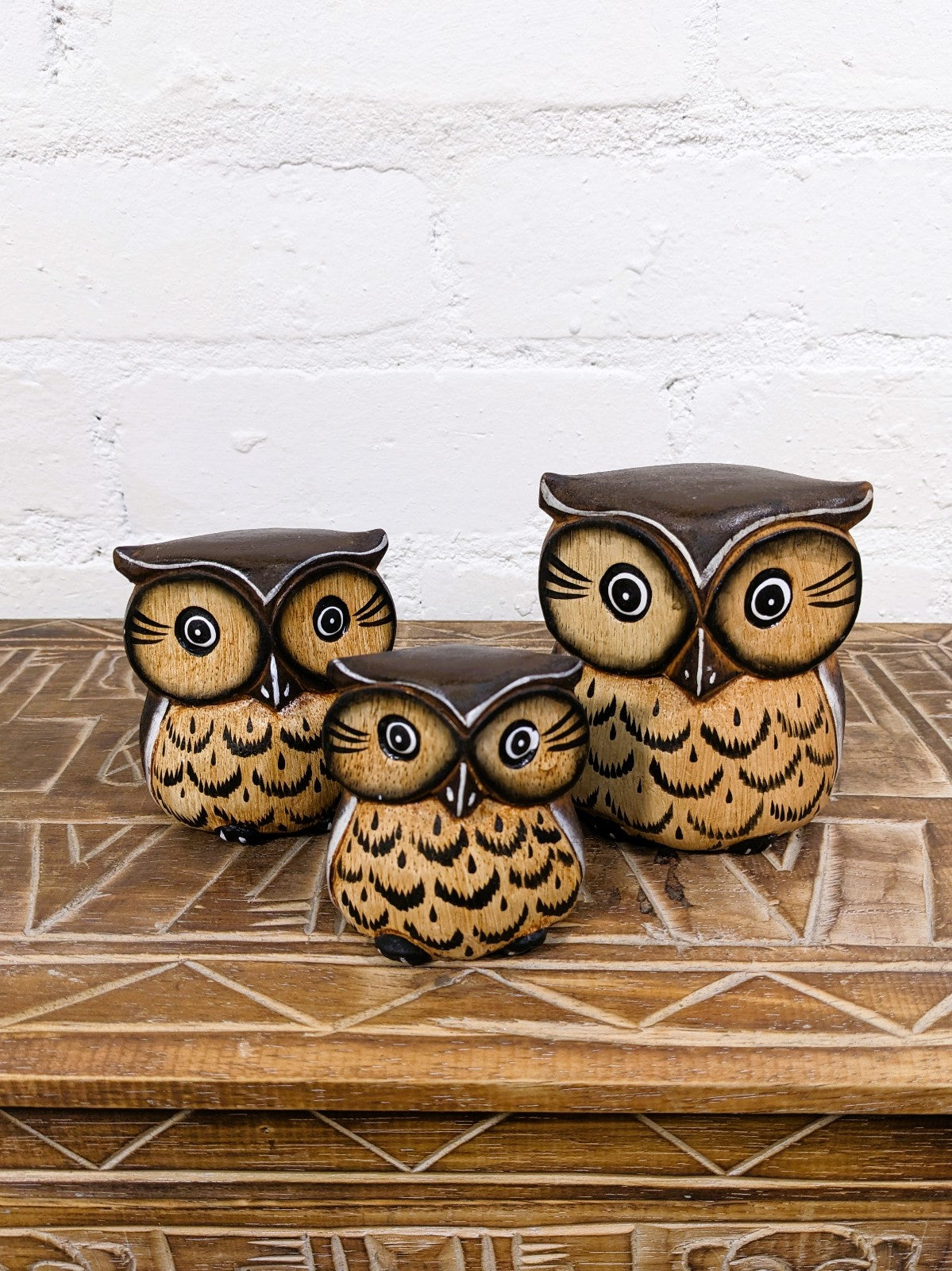 Set Of Three Owls Natural Brown
