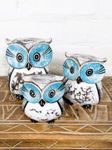 Set Of 3 White And Blue Owls