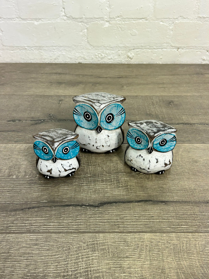 Set Of 3 White And Blue Owls