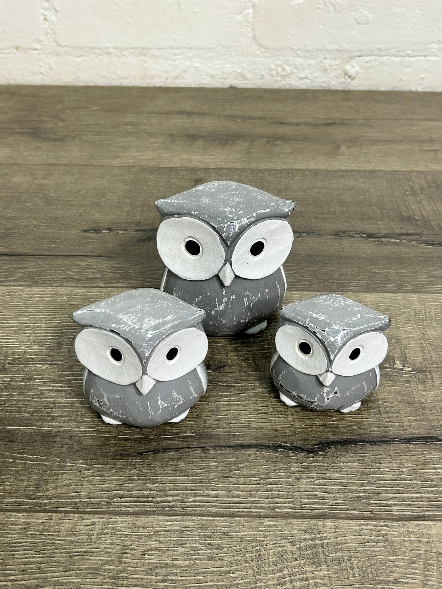 Set Of 3 White And Grey Owls