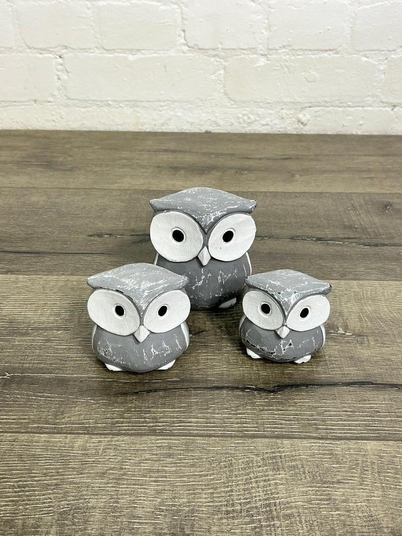 Set Of 3 White And Grey Owls