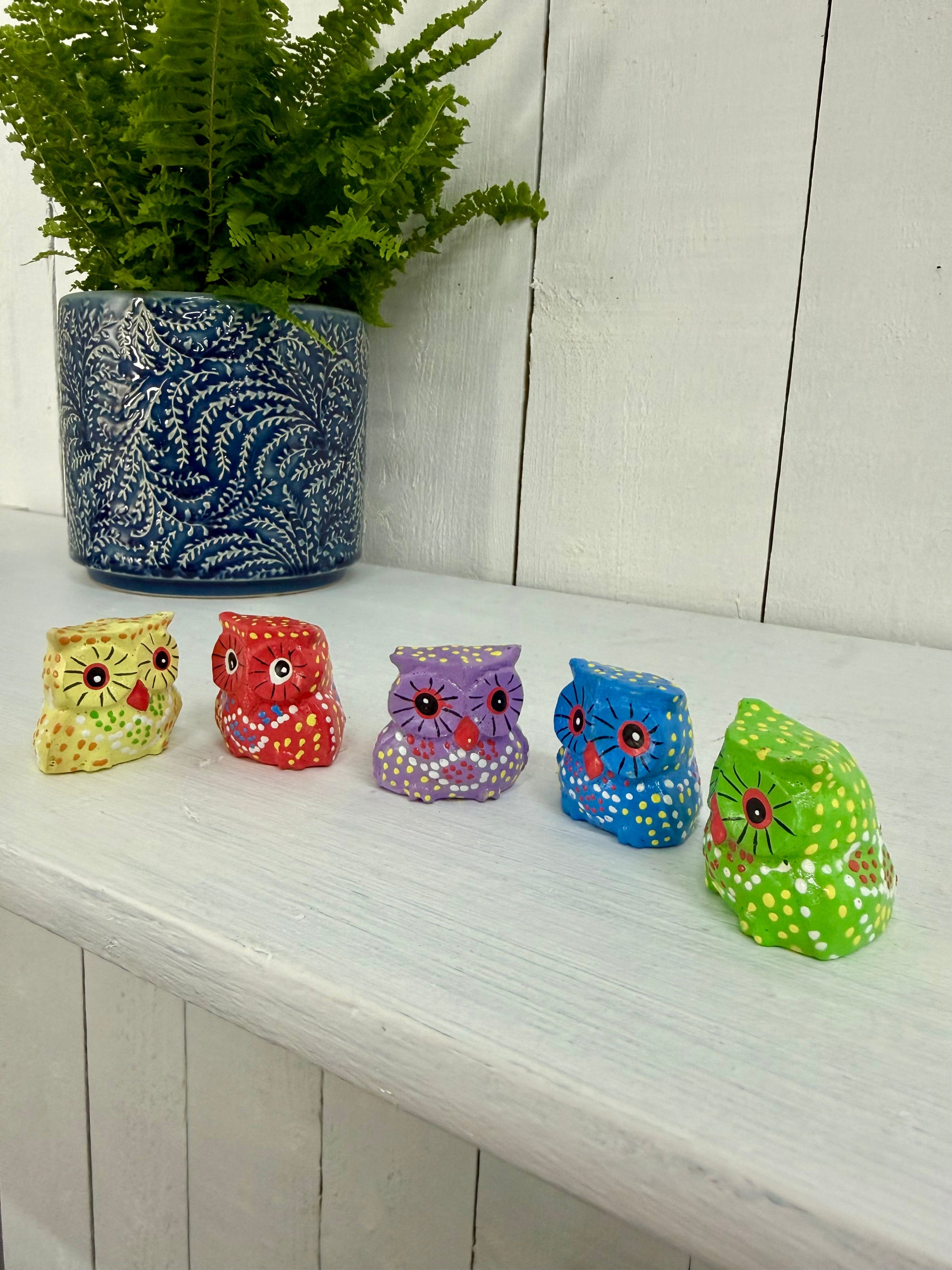 Set of Five Colourful Painted Owls