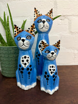 Set of Three Blue Wooden Cats