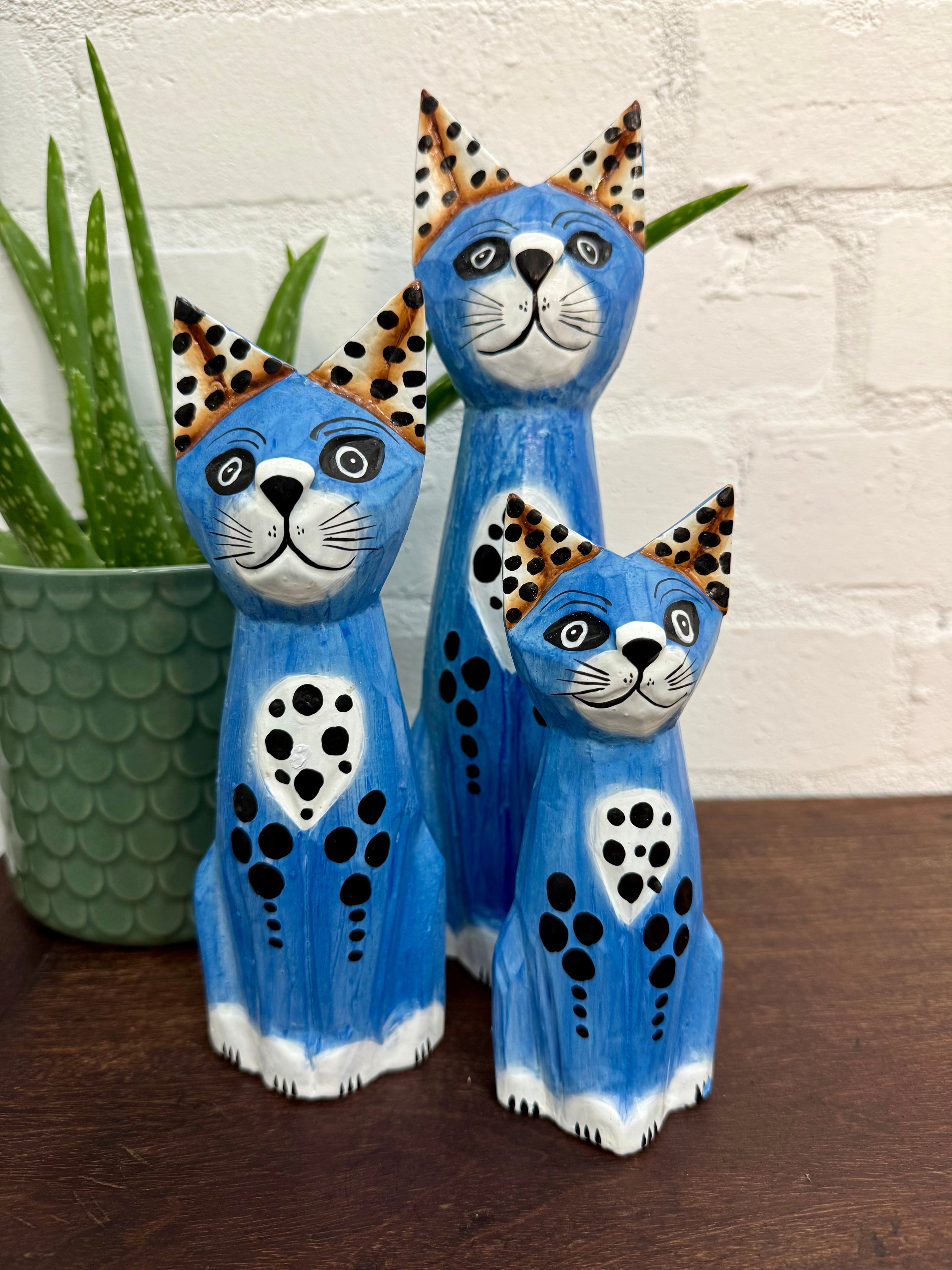 Set of Three Blue Wooden Cats