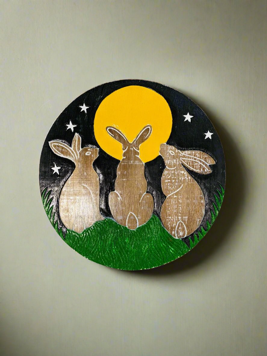 Hares And Moon Wooden Wall Plaque