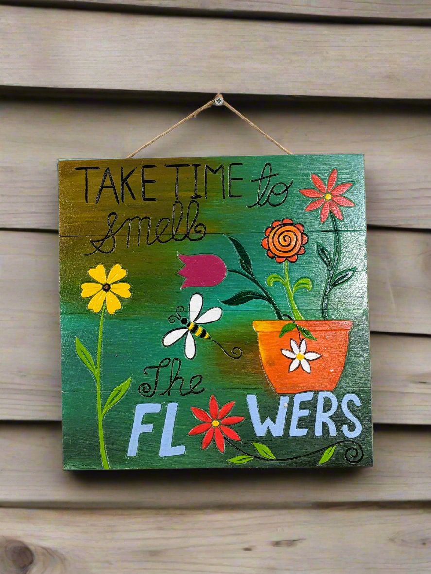 Smell The Flowers Square Wall Plaque