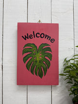 Pink 'Welcome' Leaf Plaque